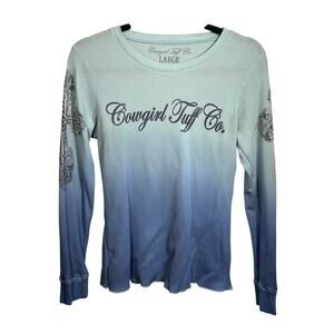 Cowgirl Tuff Thermal Waffle Knit Shirt L Western Cross Bling Y2K Cowgirl Ombre